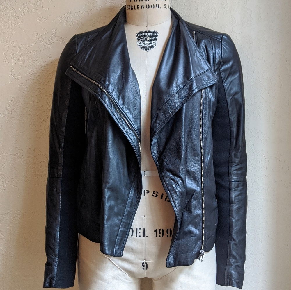 100% Genuine Leather Drape Collar Moto Jacket